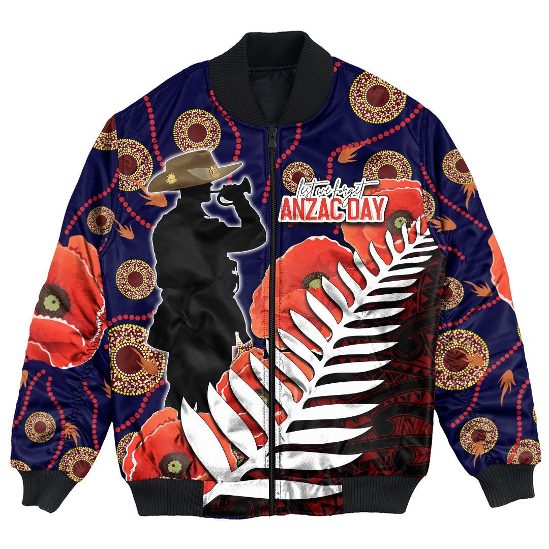 Polynesian Pride Clothing - Anzac Day Fern & Poppy Bomber Jacket Unisex Black - Polynesian Pride
