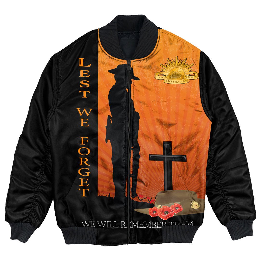 Polynesian Pride Clothing - Anzac Day Lest We Forget Soldier Standing Guard Bomber Jacket Unisex Black - Polynesian Pride