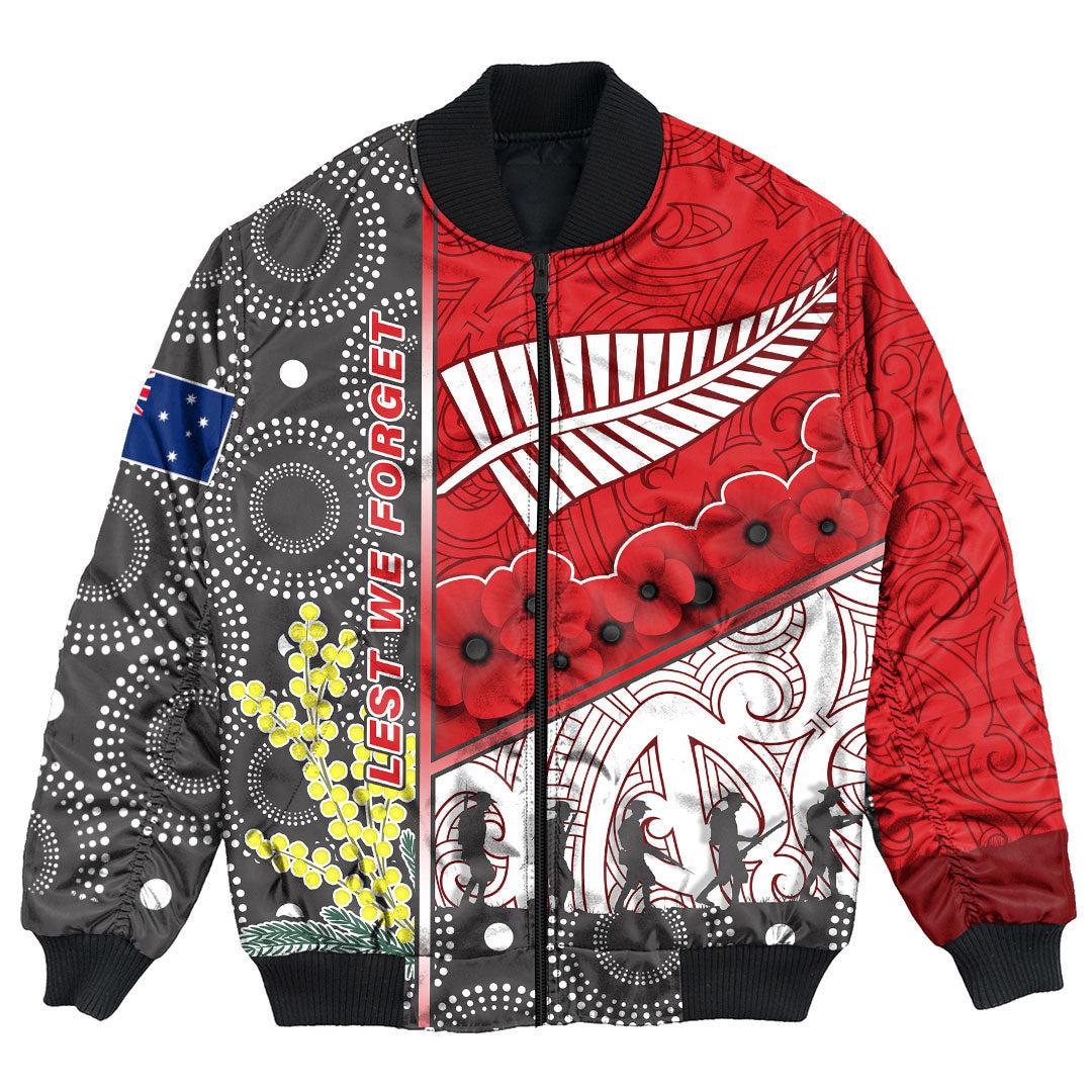 Polynesian Pride Clothing - (Custom) Australia Indigenous & New Zealand Maori Anzac (Red) Bomber Jacket Unisex Black - Polynesian Pride