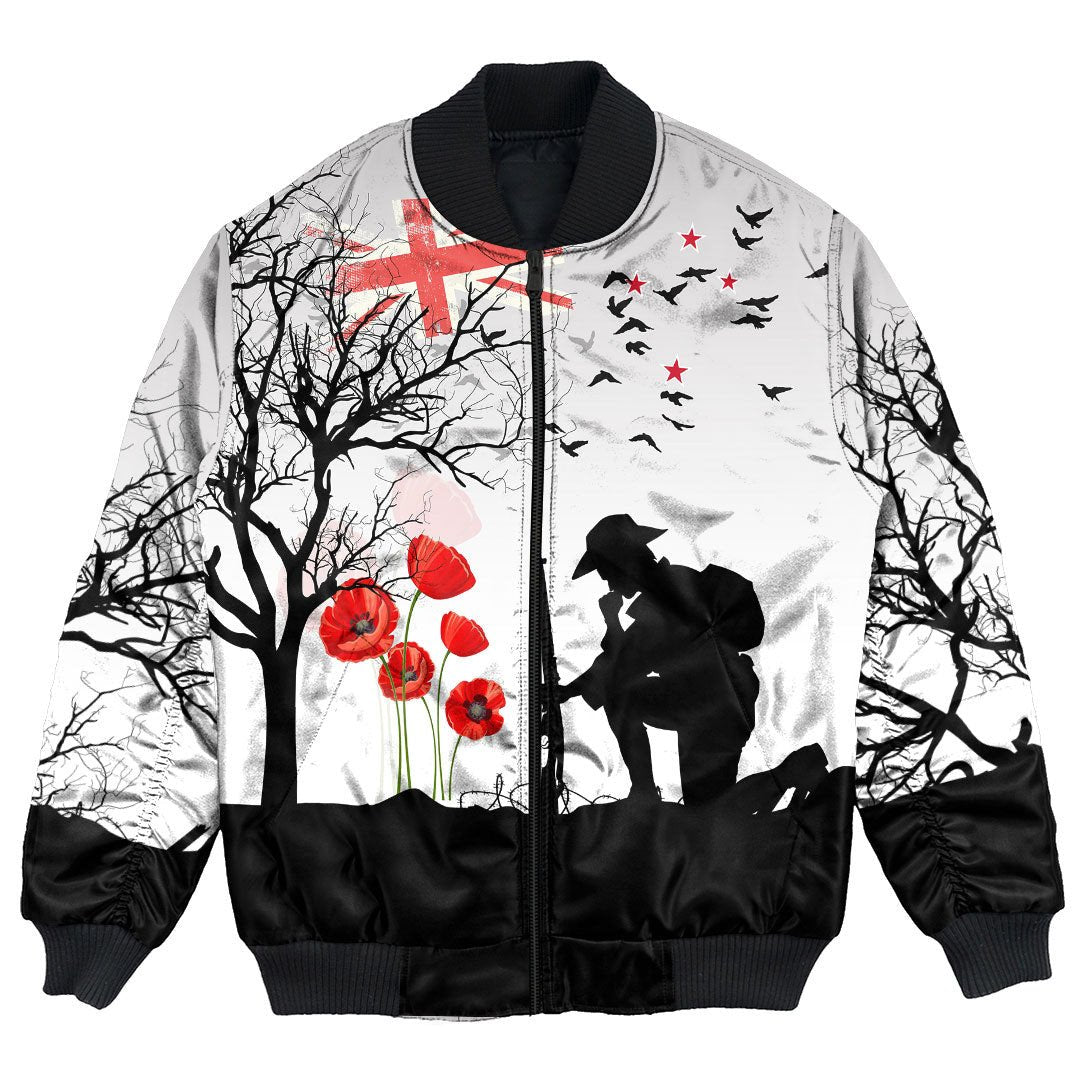 Polynesian Pride Clothing - New Zealand Anzac Lest We Forget Remebrance Day White Bomber Jacket Unisex Black - Polynesian Pride