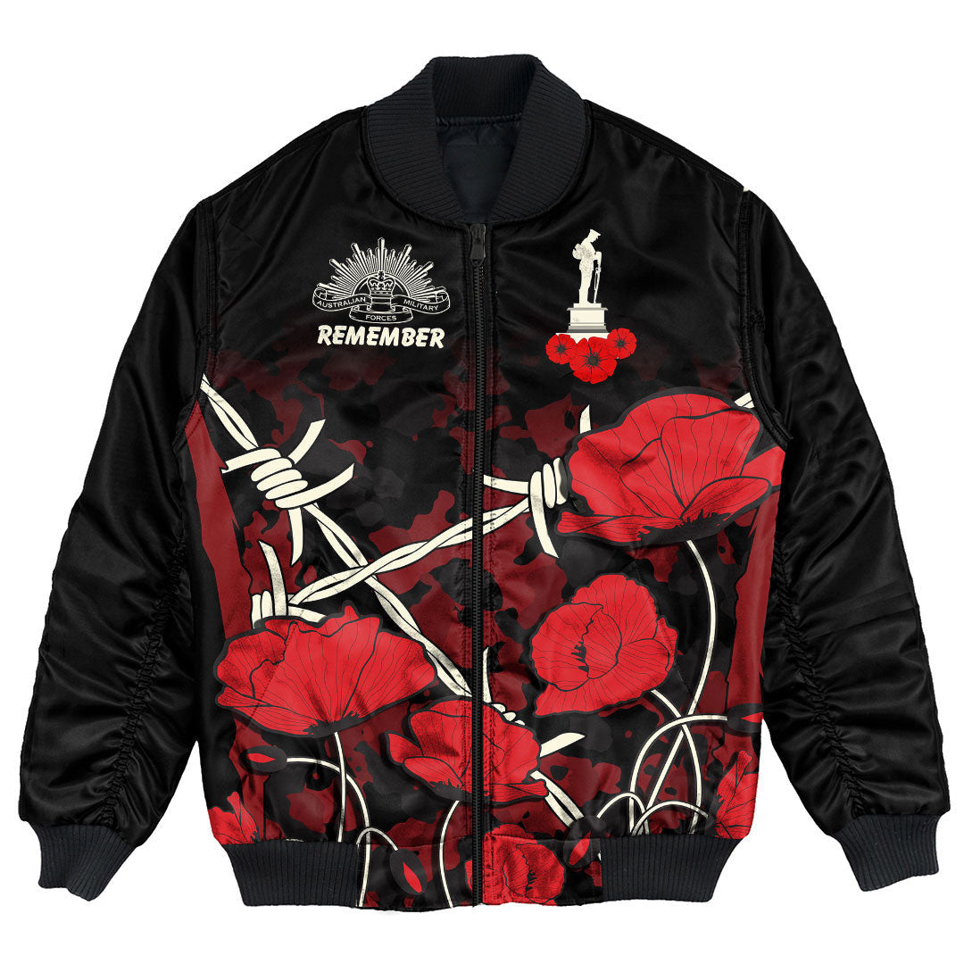 Polynesian Pride Clothing - Anzac Day Camouflage Poppy & Barbed Wire Bomber Jacket Unisex Black - Polynesian Pride