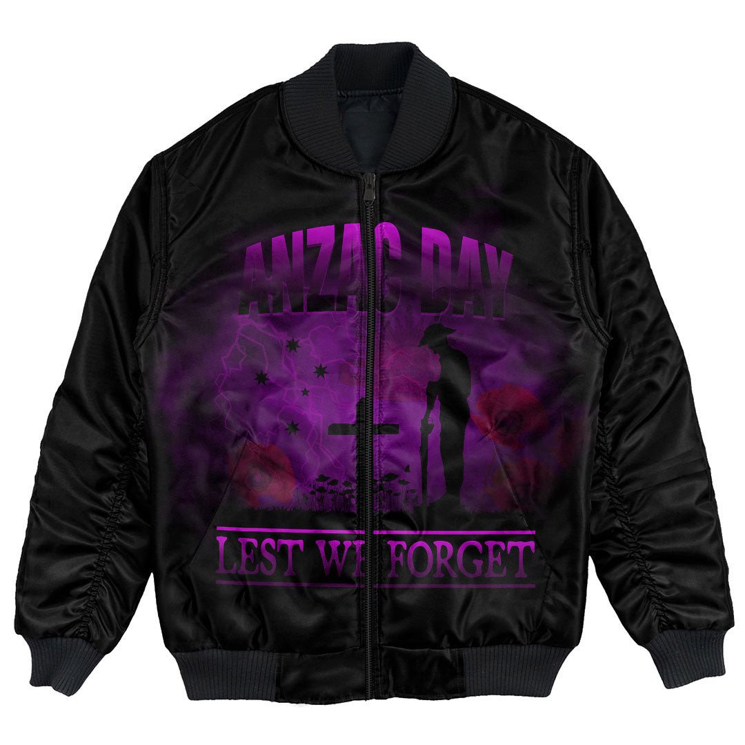 Polynesian Pride Clothing - Anzac Day Remember Australia & New Zealand Purple Bomber Jacket Unisex Black - Polynesian Pride