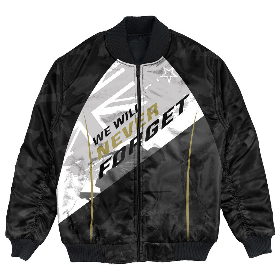 Polynesian Pride Clothing - (Custom) Anzac Day We Will Never Forget Bomber Jacket Unisex Black - Polynesian Pride