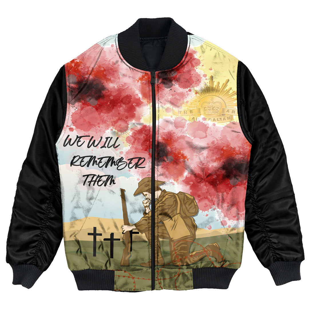 Polynesian Pride Clothing - Anzac We Will Remember Them Bomber Jacket Unisex Black - Polynesian Pride