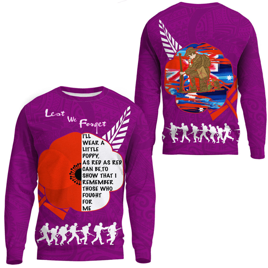 Polynesian Pride Clothing - New Zealand Anzac Red Poopy Purple.Sweatshirt Unisex Black - Polynesian Pride