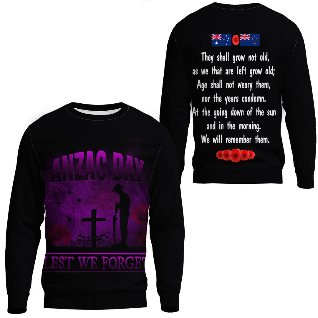 Polynesian Pride Clothing - Anzac Day Remember Australia & New Zealand Purple.Sweatshirt Unisex Black - Polynesian Pride