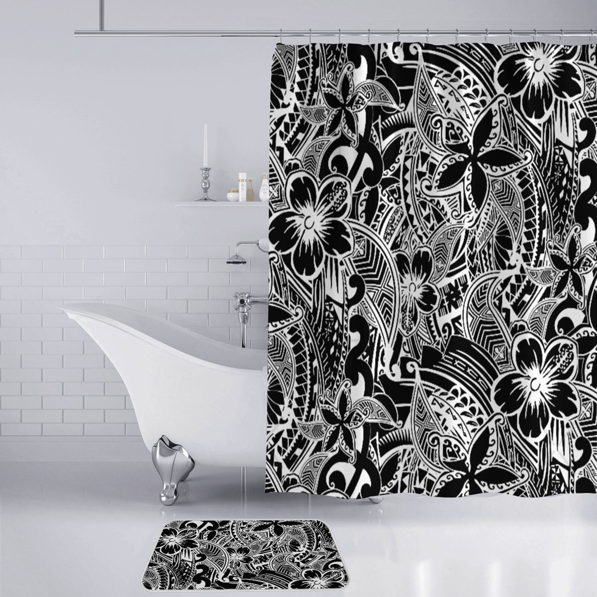 Polynesian Home Set - Polynesian Black And White Tribal Print Bathroom Set LT10 - Polynesian Pride