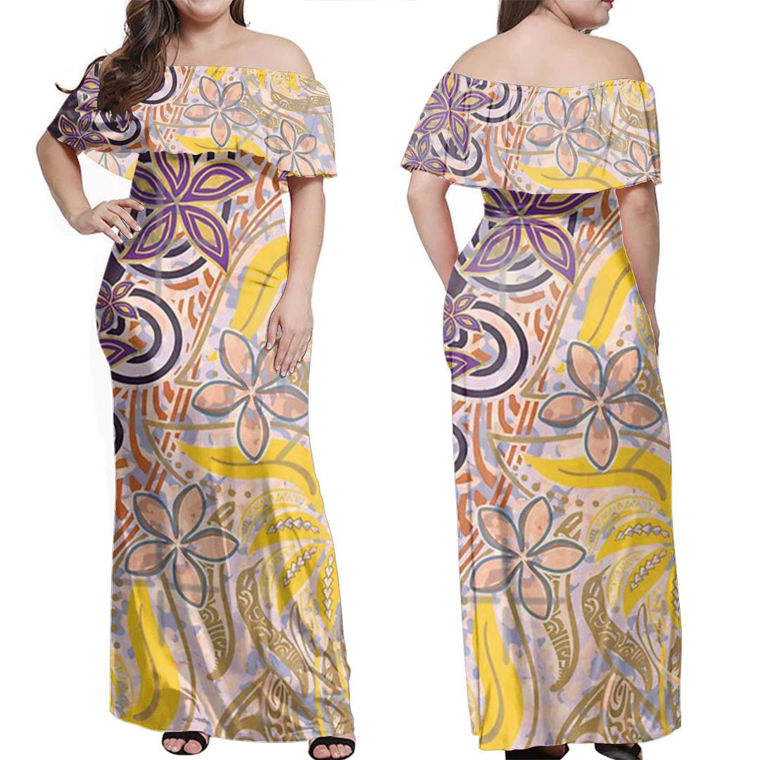 Polynesian Dress - Polynesian Gold And Purple Tropical Camo Off Shoulder Long Dress LT10 Women Purple - Polynesian Pride