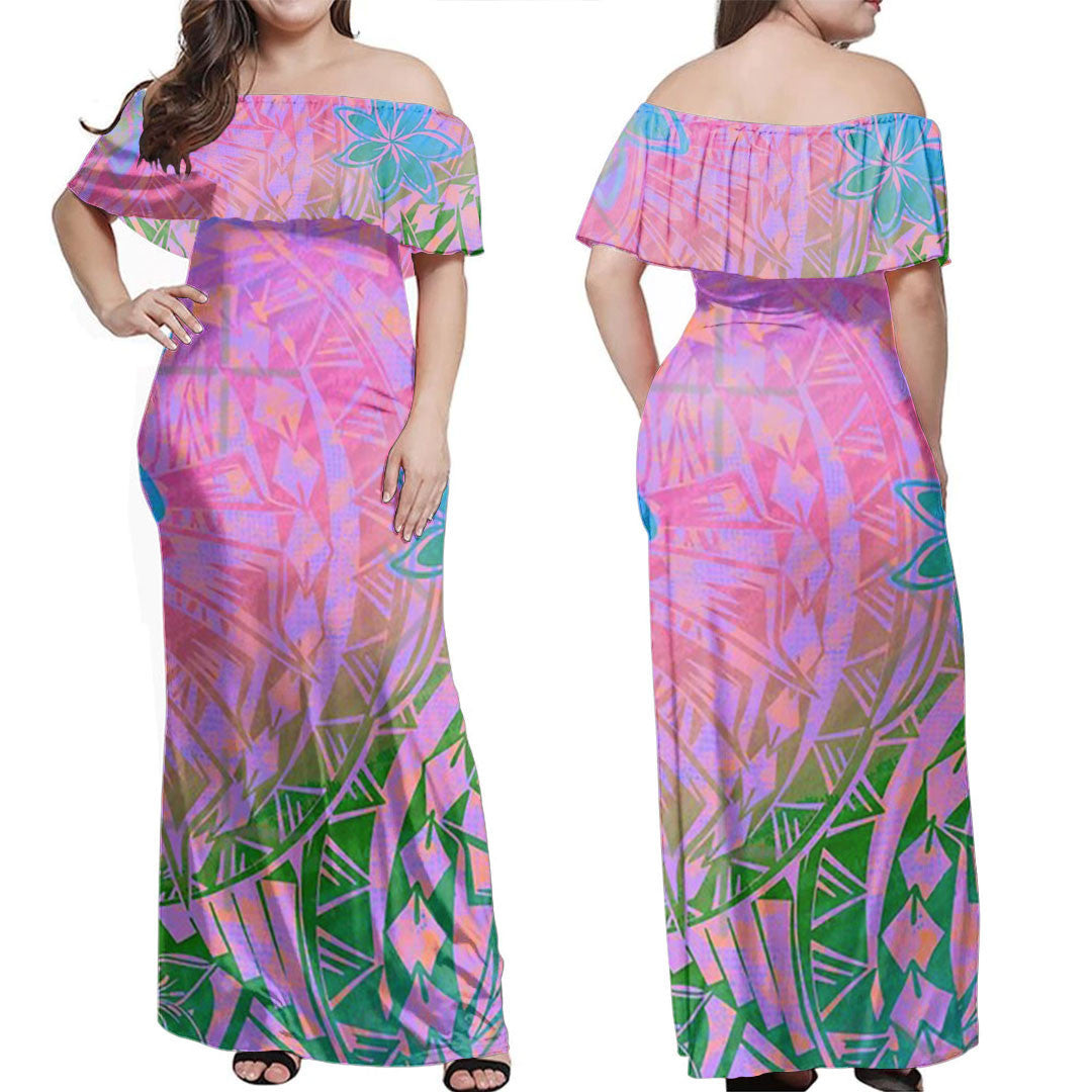 Polynesian Dress - Floral Tribal Watercolor Off Shoulder Long Dress LT10 Women Pink - Polynesian Pride
