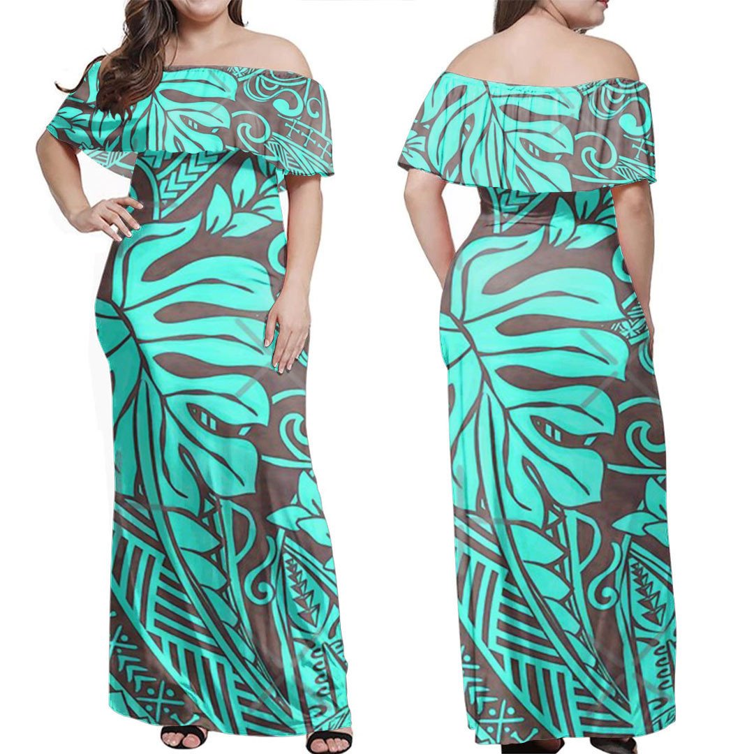 Polynesian Dress Teal - Tropical Leaf Off-Shoulder Long Maxi | Polynesian Pride Polynesian Dress Teal - Tropical Leaf Off-Shoulder Long Maxi | Polynesian Pride