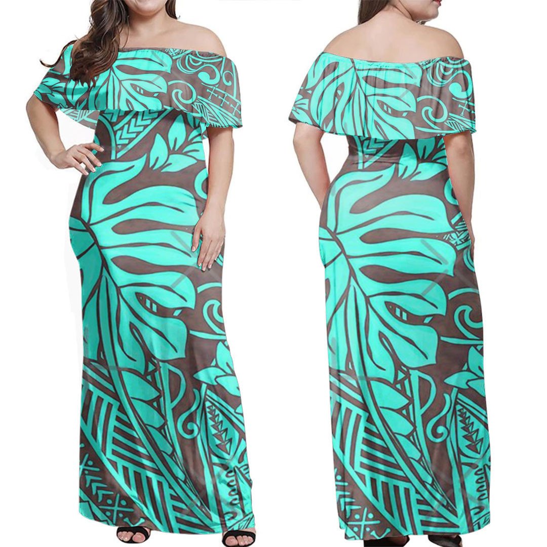Polynesian Dress - Teal Polynesian Tropical Leaf Off Shoulder Long Dress LT10 Women Teal - Polynesian Pride