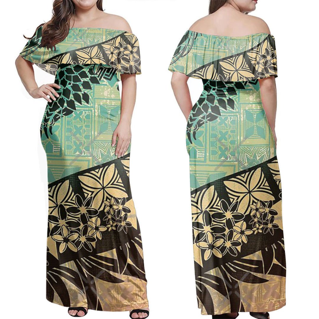 Polynesian Dress - Vintage Samoan Old Teal Tapa Threads Off Shoulder Long Dress LT10 Women Green - Polynesian Pride