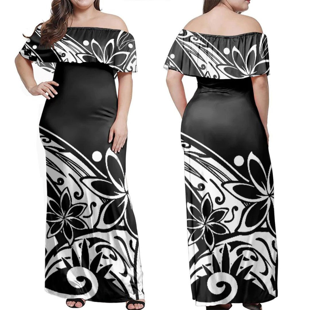 Polynesian Dress - Polynesian Black And White Tribal Off Shoulder Long Dress LT10 Women Black - Polynesian Pride