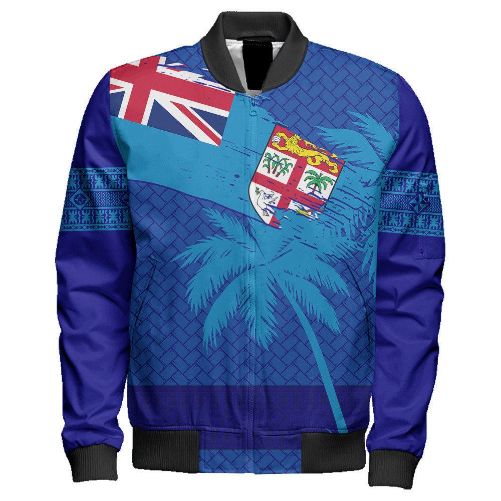 Polynesian Pride Jacket - Fiji Palm Tree Coat Of Arms Sleeve Zip Bomber Jacket LT10 Unisex Blue - Polynesian Pride