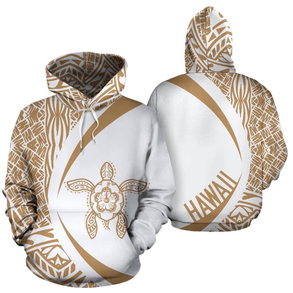 Hawaii Turtle Polynesian Hoodie Circle Style Golden and White Unisex White - Polynesian Pride
