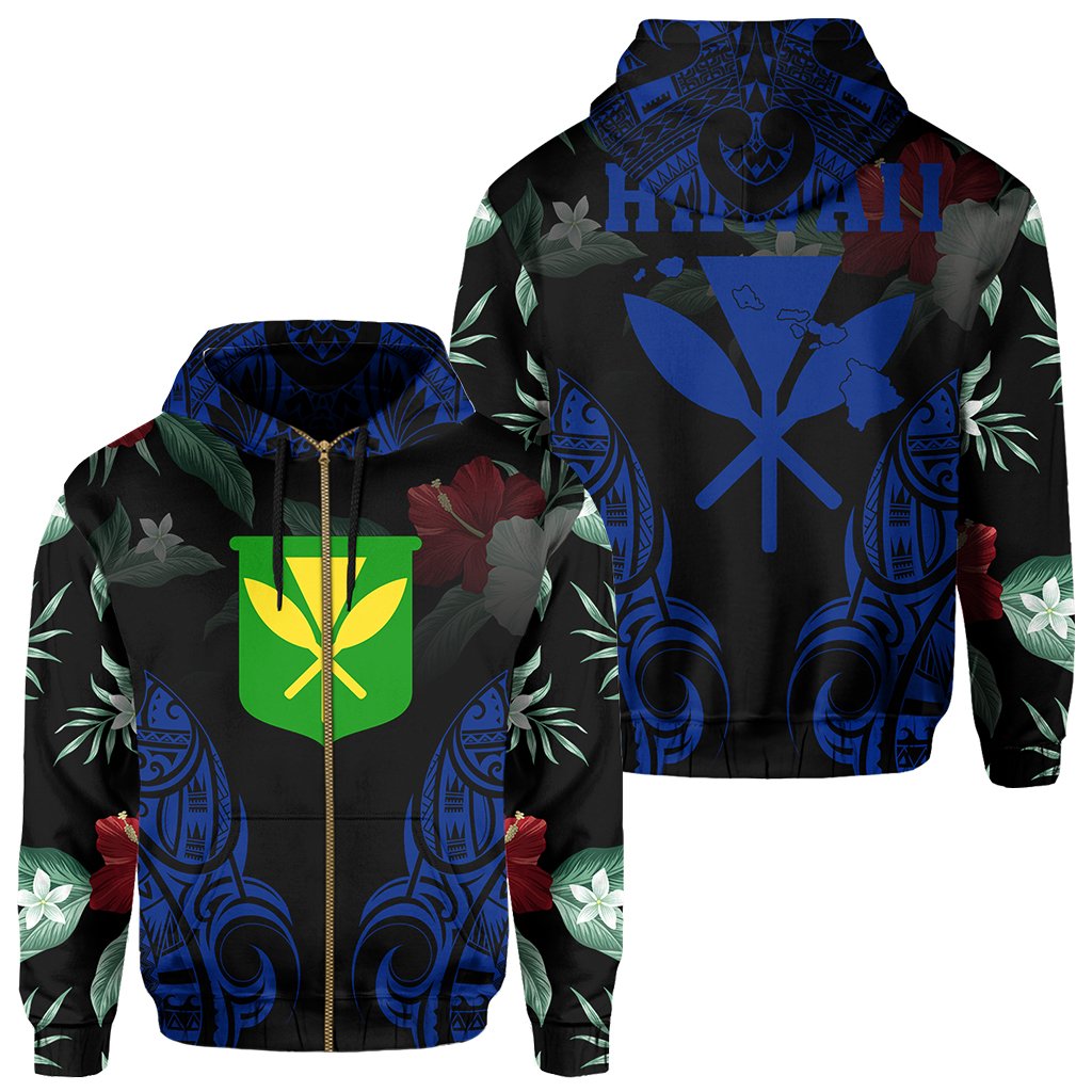 Polynesian Tropic Kanaka Maoli Hibiscus Hawaii Zip Hoodie Blue Unisex Blue - Polynesian Pride