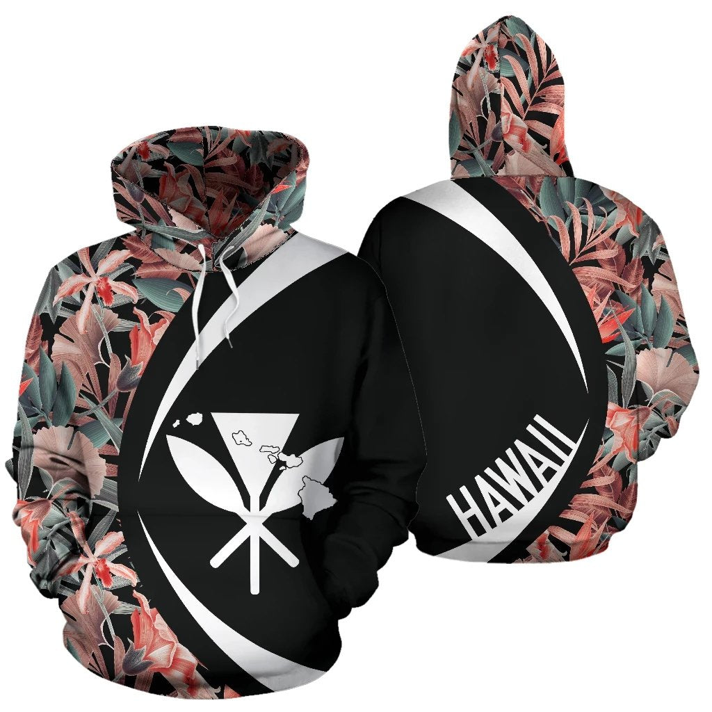 Kanaka Seamless Tropical Flower Plant Leaf Pattern Background Retro Botanical Hoodie Circle Style Unisex Black - Polynesian Pride