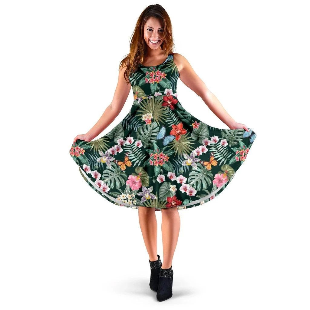 Hawaii Tropical Plumeria Pattern With Palm Leaves Midi Dress Midi Dress Green - Polynesian Pride