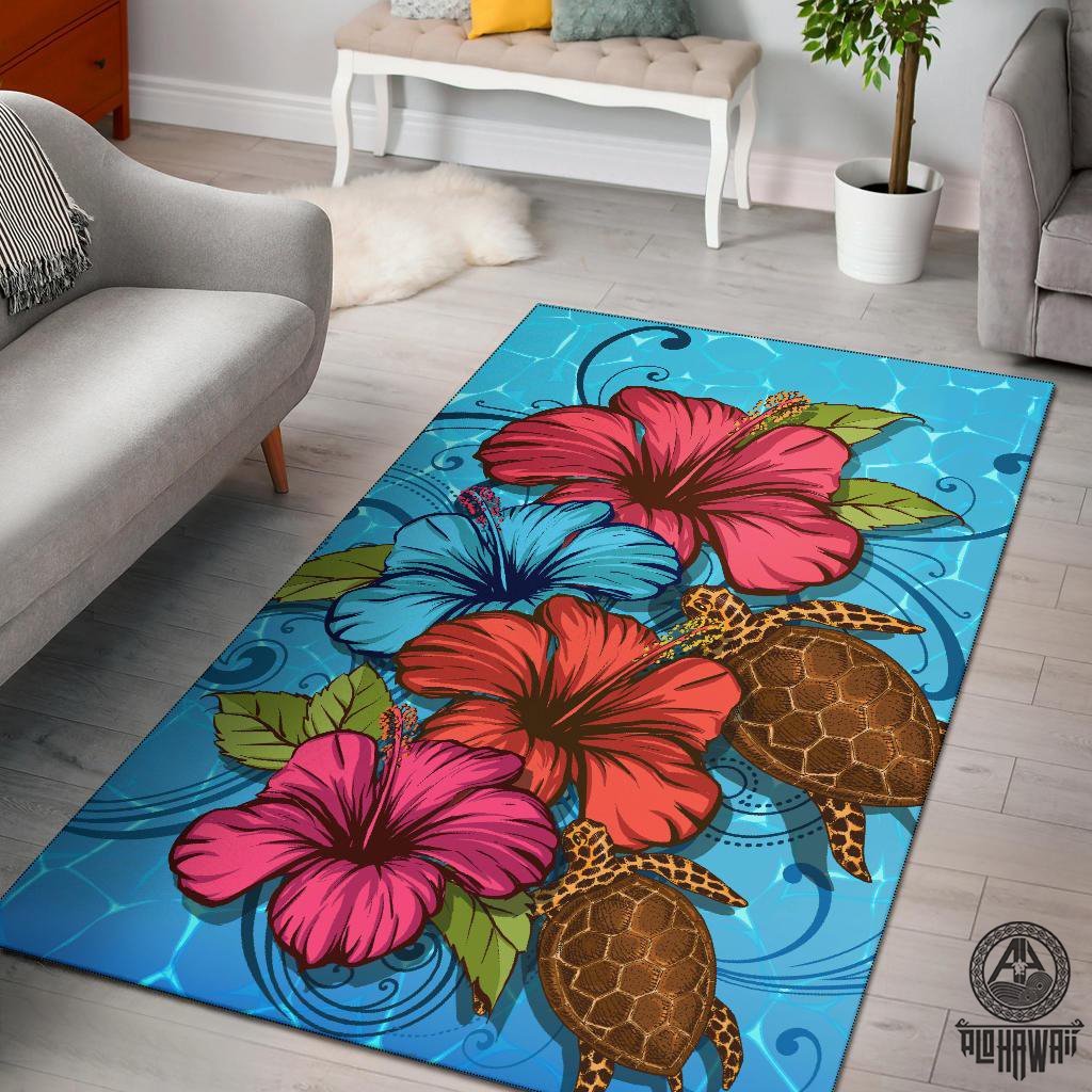 Ocean Turtle Hibiscus Area Rug Black - Polynesian Pride