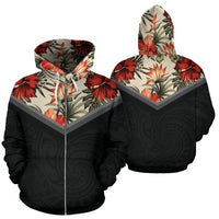 Hawaii Vintage Pattern Zip up Hoodie Red Hibiscus Unisex Black - Polynesian Pride
