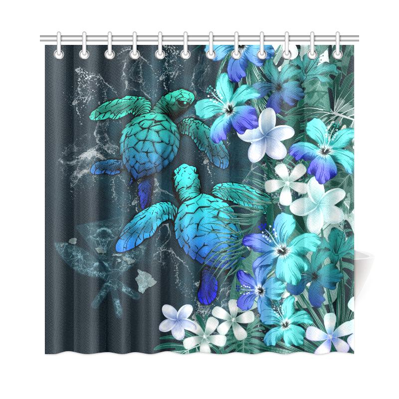 Kanaka Maoli (Hawaiian) Shower Curtain - Sea Turtle Tropical Hibiscus And Plumeria Blue  | Polynesian Pride