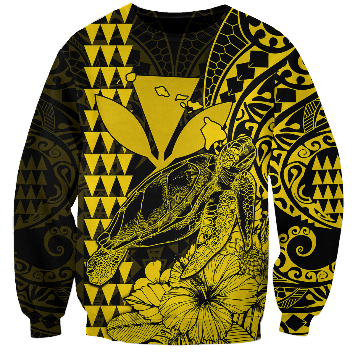 Kakau Polynesian Tribal Hawaiian Turtle with Kanaka Maoli Yellow Sweatshirt LT9 Unisex Yellow - Polynesian Pride