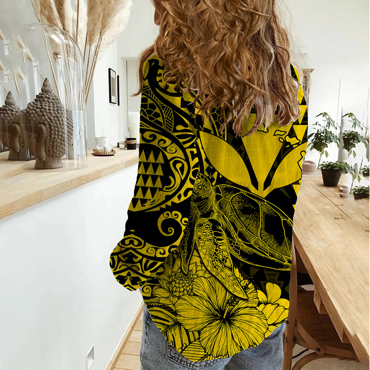 Kakau Polynesian Tribal Hawaiian Turtle with Kanaka Maoli Yellow Women Casual Shirt LT9 - Polynesian Pride