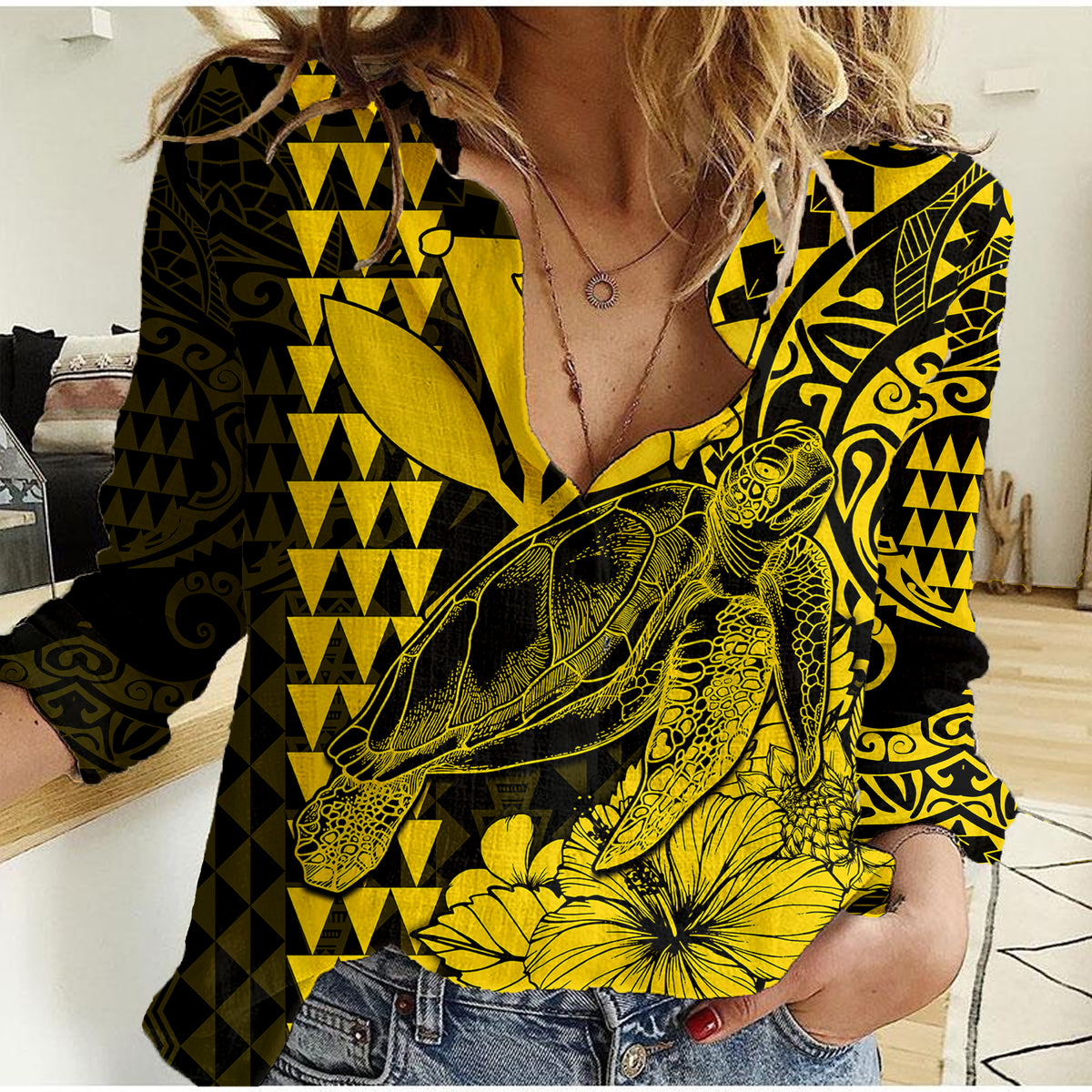 Kakau Polynesian Tribal Hawaiian Turtle with Kanaka Maoli Yellow Women Casual Shirt LT9 Female Yellow - Polynesian Pride