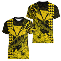 Kakau Polynesian Tribal Hawaiian Turtle with Kanaka Maoli Yellow Women V Neck T Shirt LT9 Female Yellow - Polynesian Pride