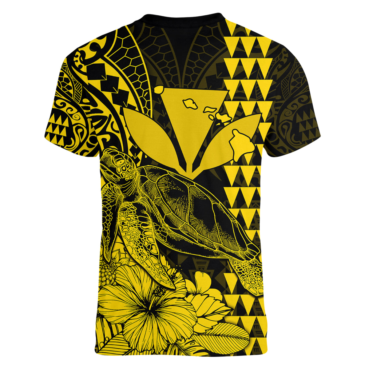 Kakau Polynesian Tribal Hawaiian Turtle with Kanaka Maoli Yellow Women V Neck T Shirt LT9 - Polynesian Pride