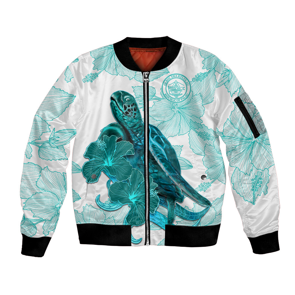 Palau Coat Of Arms With Polynesian Turtle Hibiscus Sleeve Zip Bomber Jacket LT14 Unisex White - Polynesian Pride