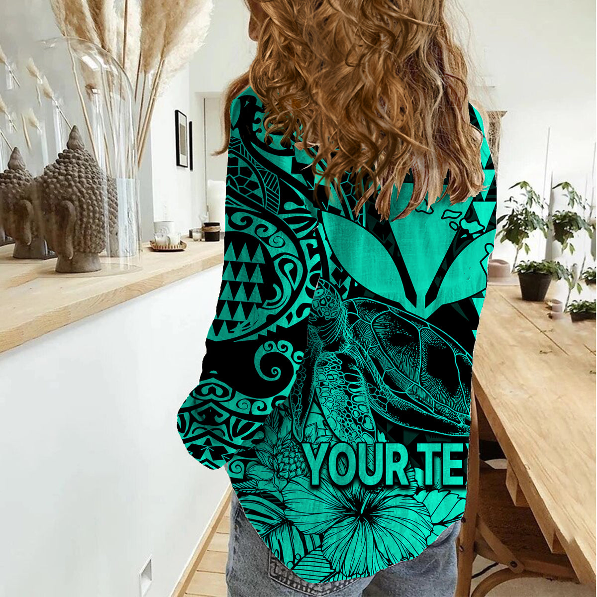 (Custom Personalised) Kakau Polynesian Tribal Hawaiian Turtle with Kanaka Maoli Turquoise Women Casual Shirt LT9 - Polynesian Pride