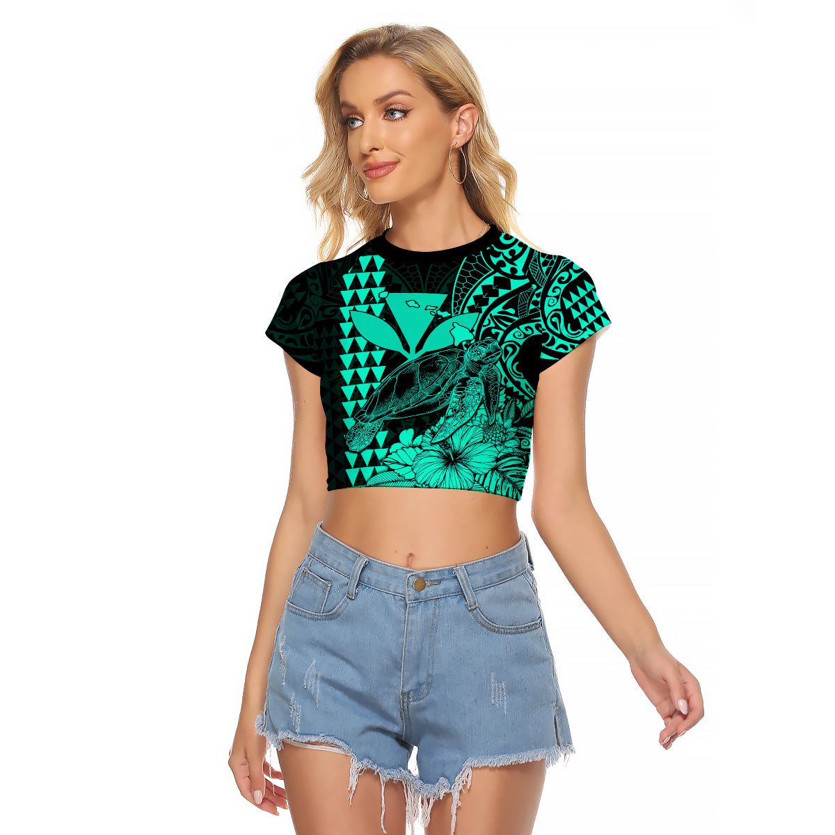 Kakau Polynesian Tribal Hawaiian Turtle with Kanaka Maoli Turquoise Raglan Cropped T Shirt LT9 Female Turquoise - Polynesian Pride