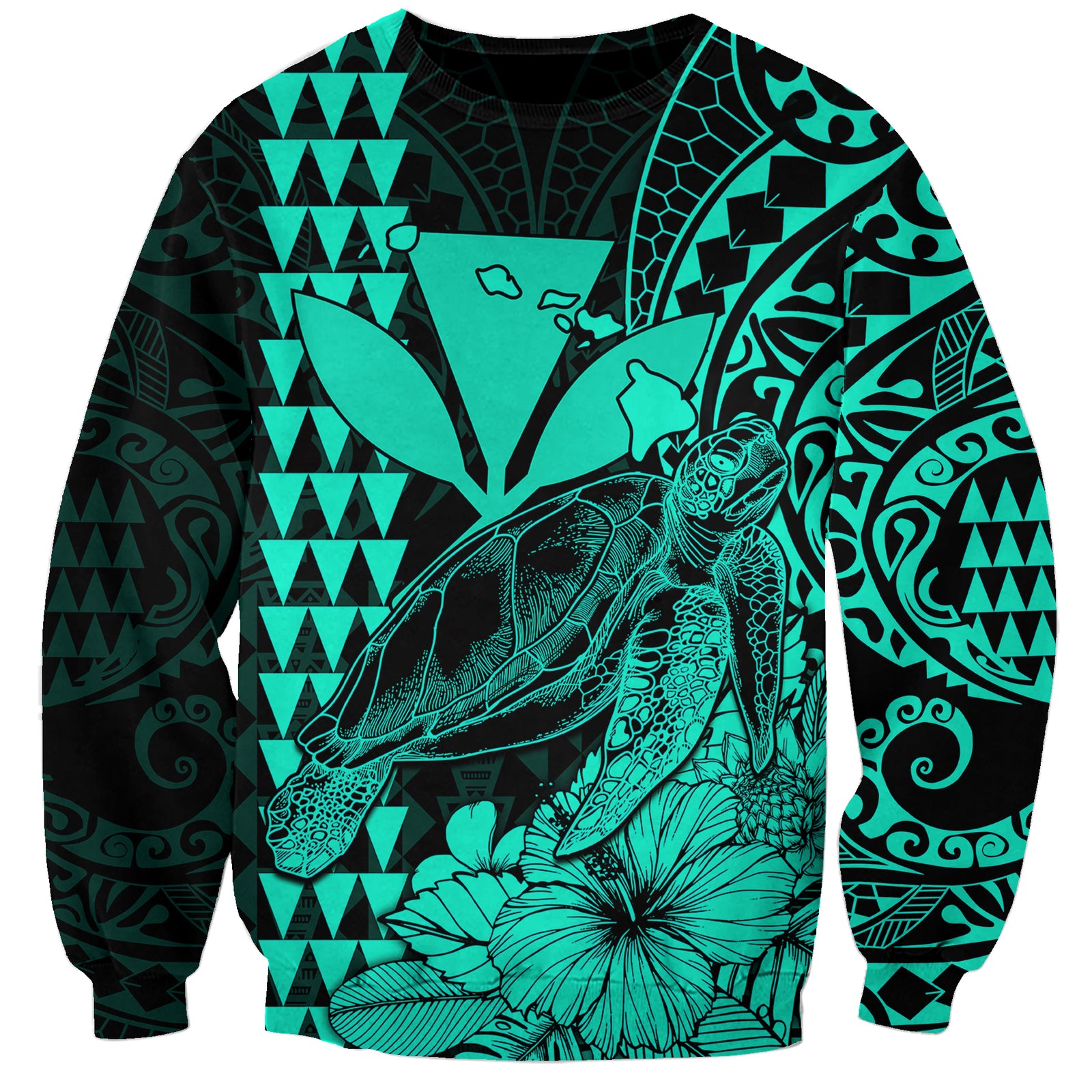 Kakau Polynesian Tribal Hawaiian Turtle with Kanaka Maoli Turquoise Sweatshirt LT9 Unisex Turquoise - Polynesian Pride