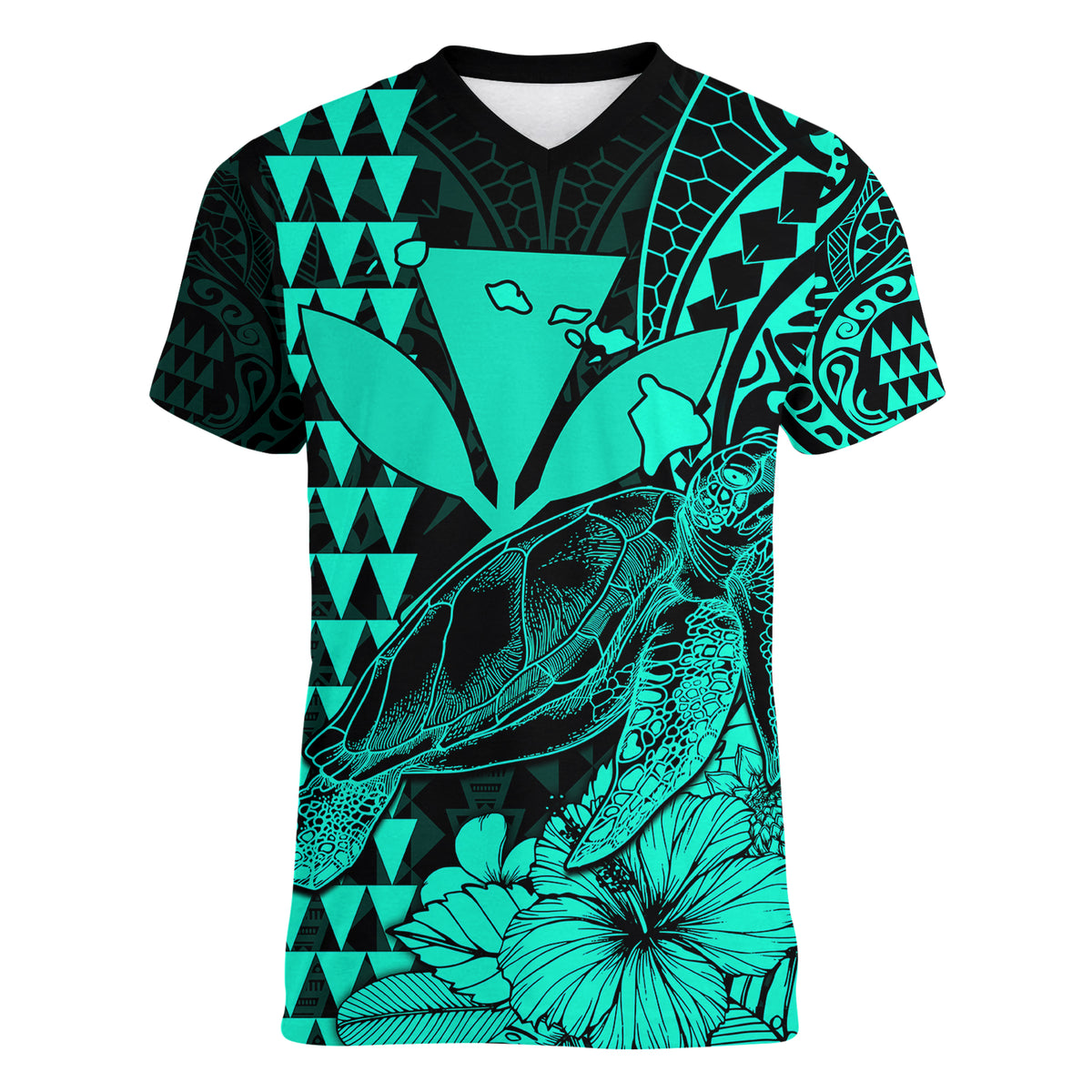 Kakau Polynesian Tribal Hawaiian Turtle with Kanaka Maoli Turquoise Women V Neck T Shirt LT9 - Polynesian Pride