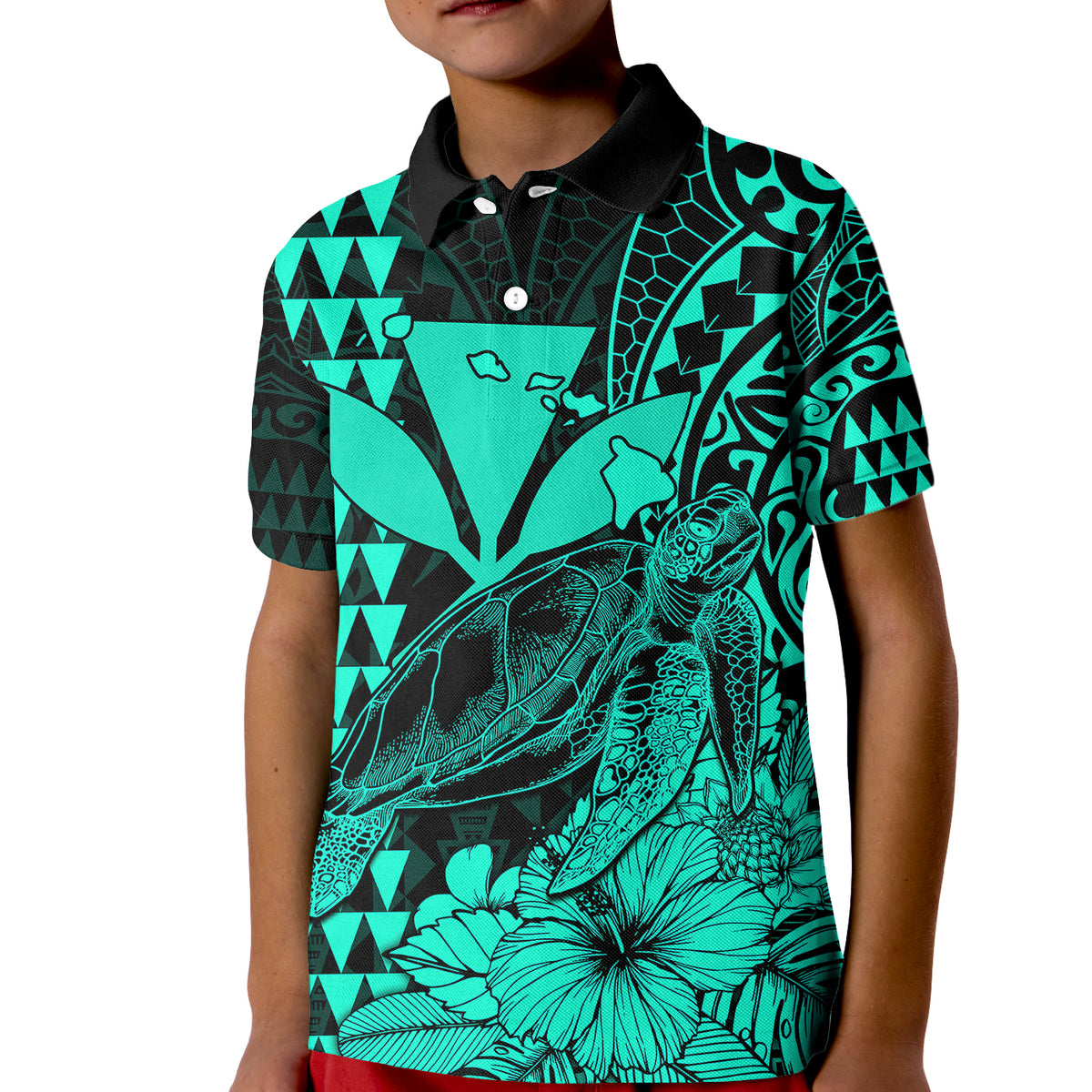 Kakau Polynesian Tribal Hawaiian Turtle with Kanaka Maoli Turquoise Kid Polo Shirt LT9 Kid Turquoise - Polynesian Pride