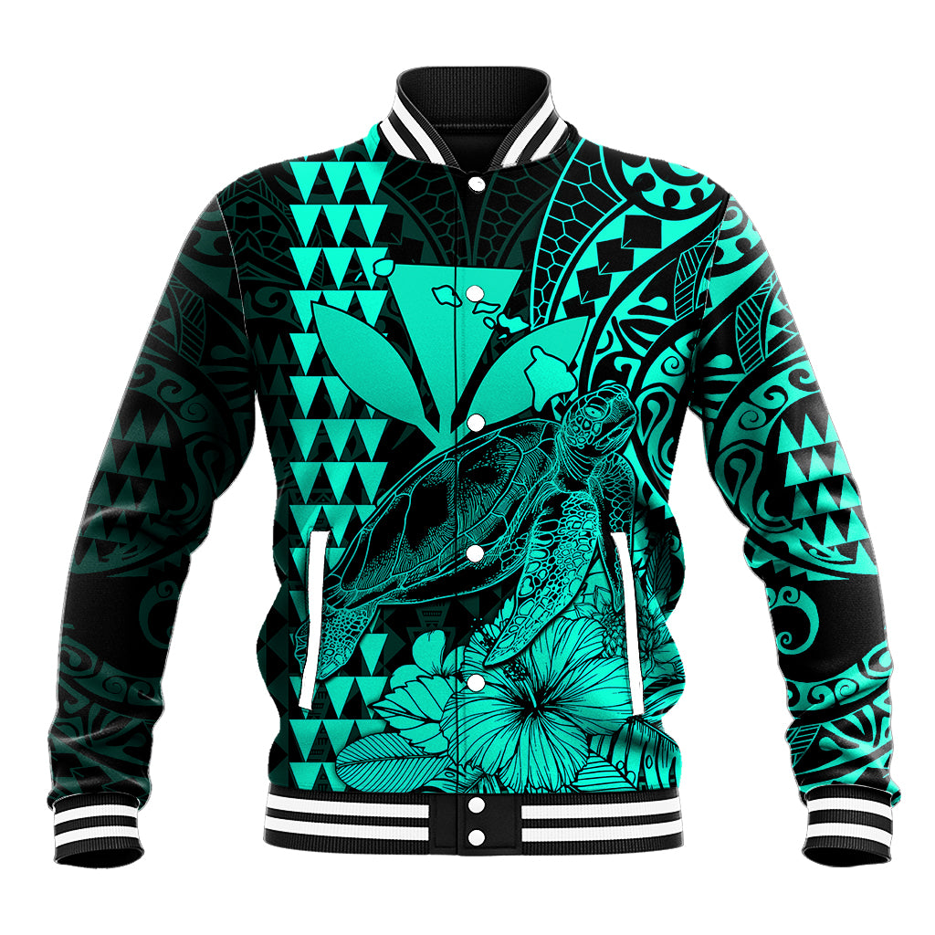 Kakau Polynesian Tribal Hawaiian Turtle with Kanaka Maoli Turquoise Baseball Jacket LT9 Unisex Turquoise - Polynesian Pride