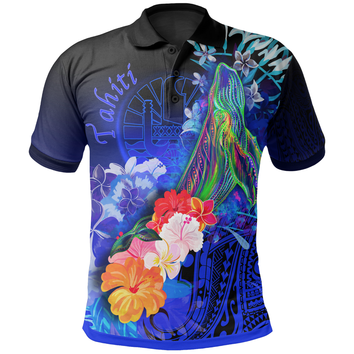 Tahiti Polo Shirt Humpback Whale with Tropical Flowers (Blue) Unisex Blue - Polynesian Pride