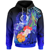 Vanuatu Hoodie Humpback Whale with Tropical Flowers (Blue) Unisex Blue - Polynesian Pride