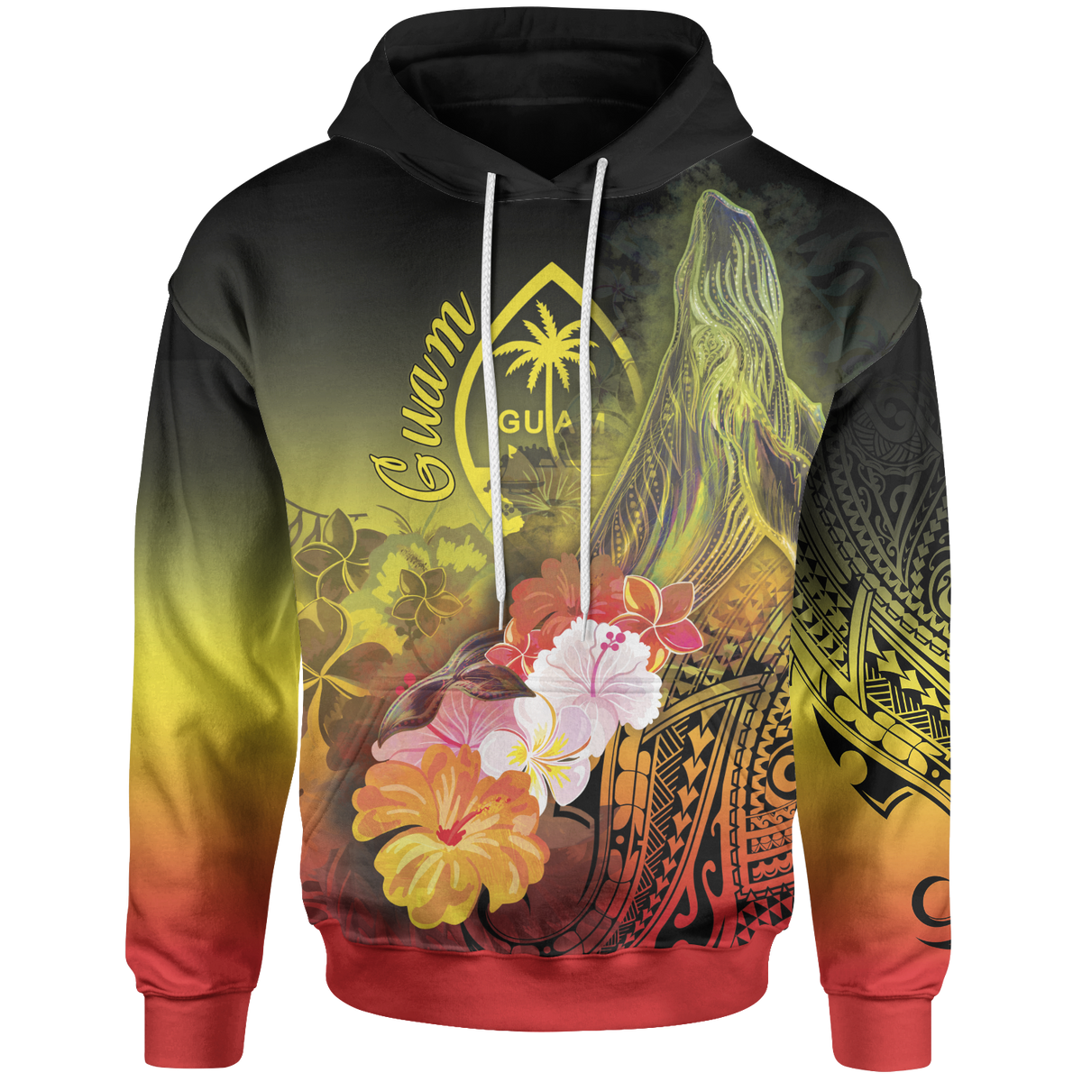 Guam Hoodie Humpback Whale with Tropical Flowers (Yellow) Unisex Yellow - Polynesian Pride