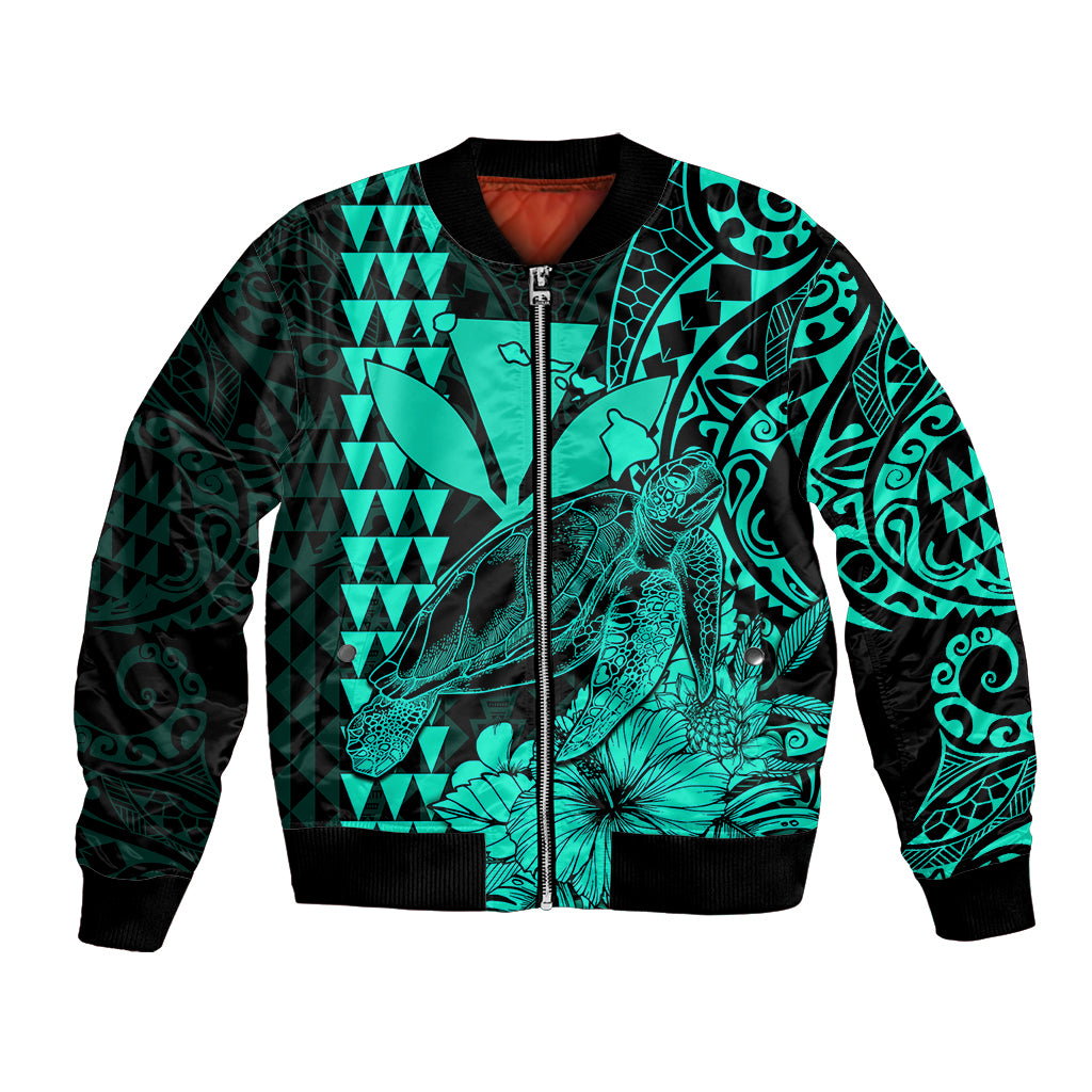 Kakau Polynesian Tribal Hawaiian Turtle with Kanaka Maoli Turquoise Bomber Jacket LT9 Unisex Turquoise - Polynesian Pride