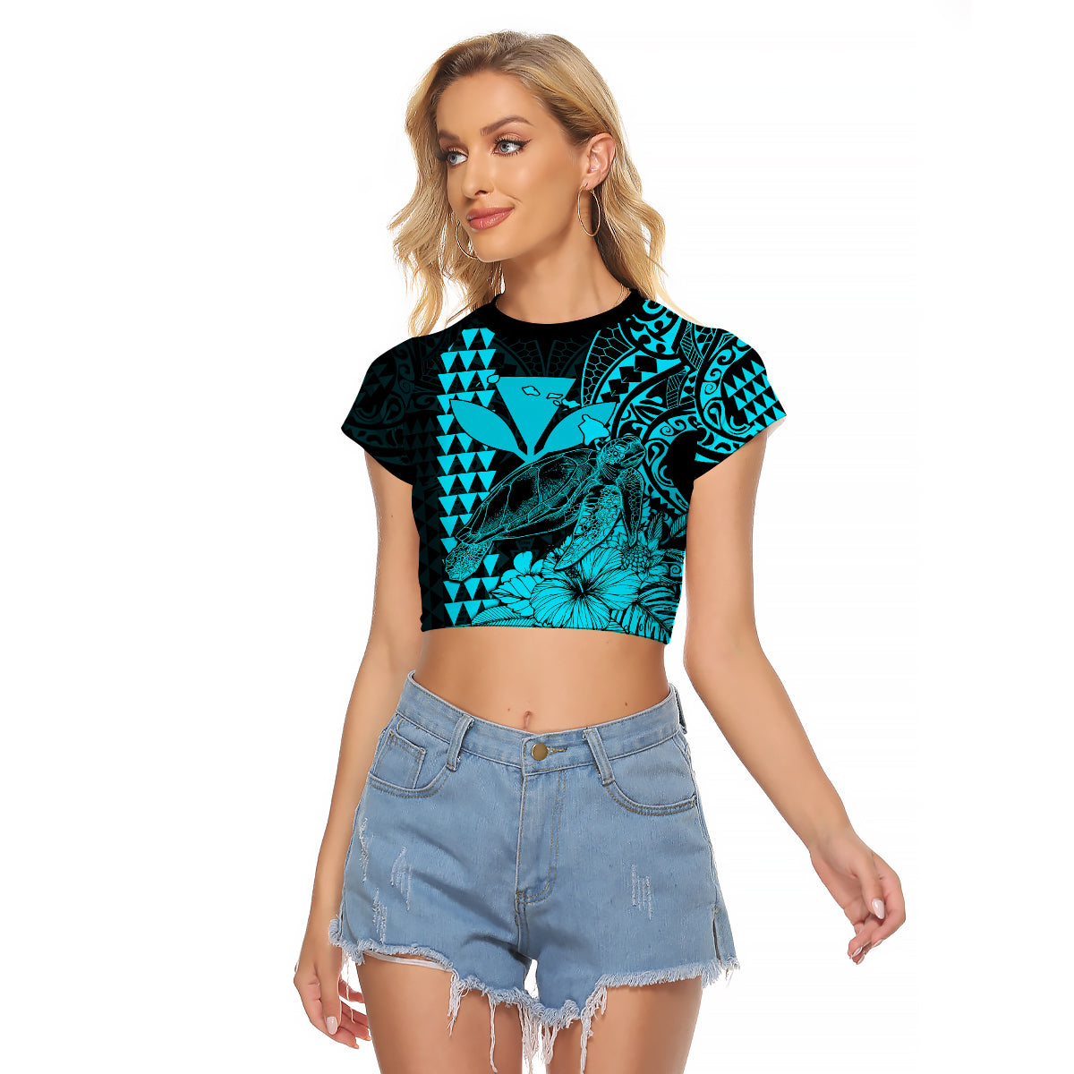Kakau Polynesian Tribal Hawaiian Turtle with Kanaka Maoli Teal Raglan Cropped T Shirt LT9 Female Teal - Polynesian Pride