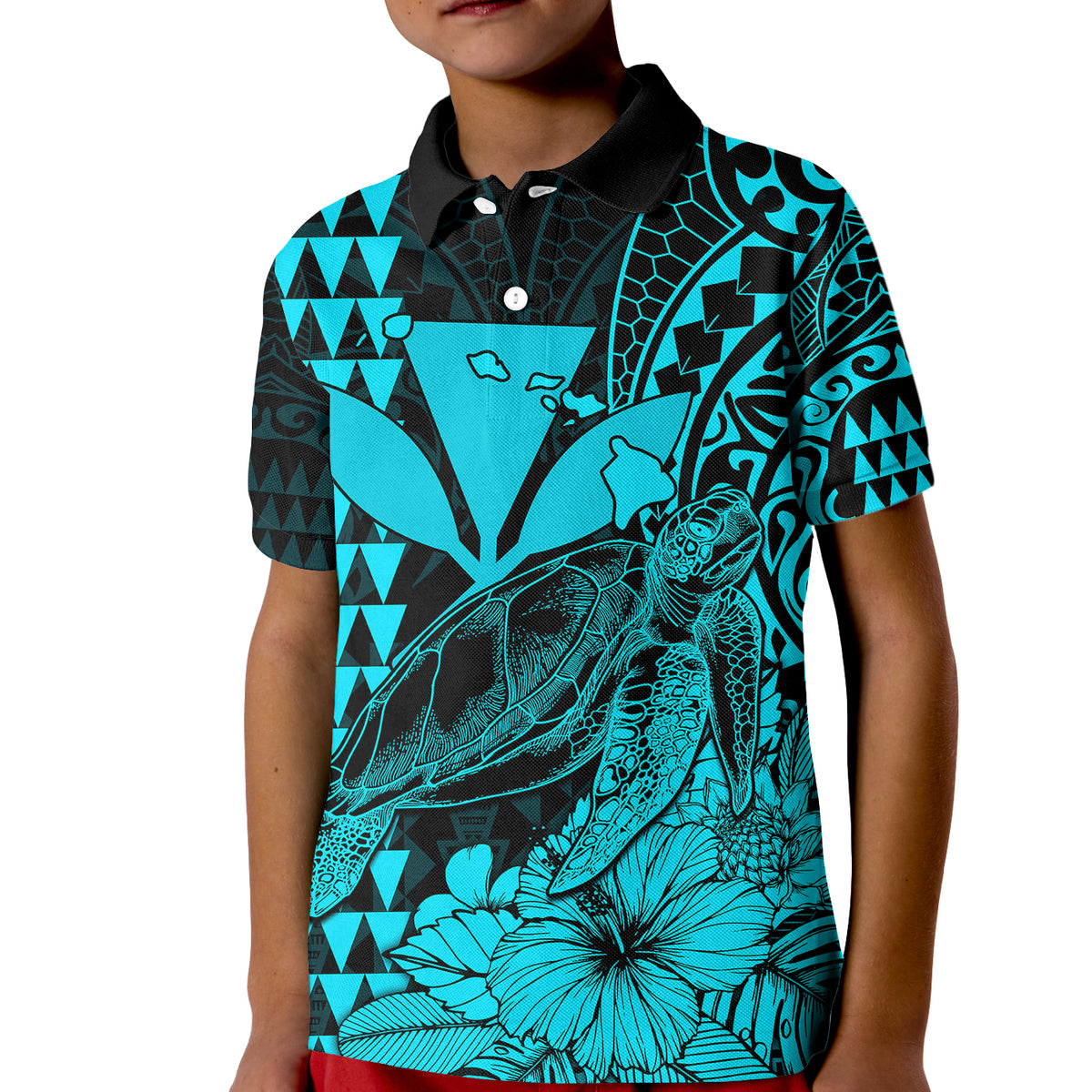 Kakau Polynesian Tribal Hawaiian Turtle with Kanaka Maoli Teal Kid Polo Shirt LT9 Kid Teal - Polynesian Pride