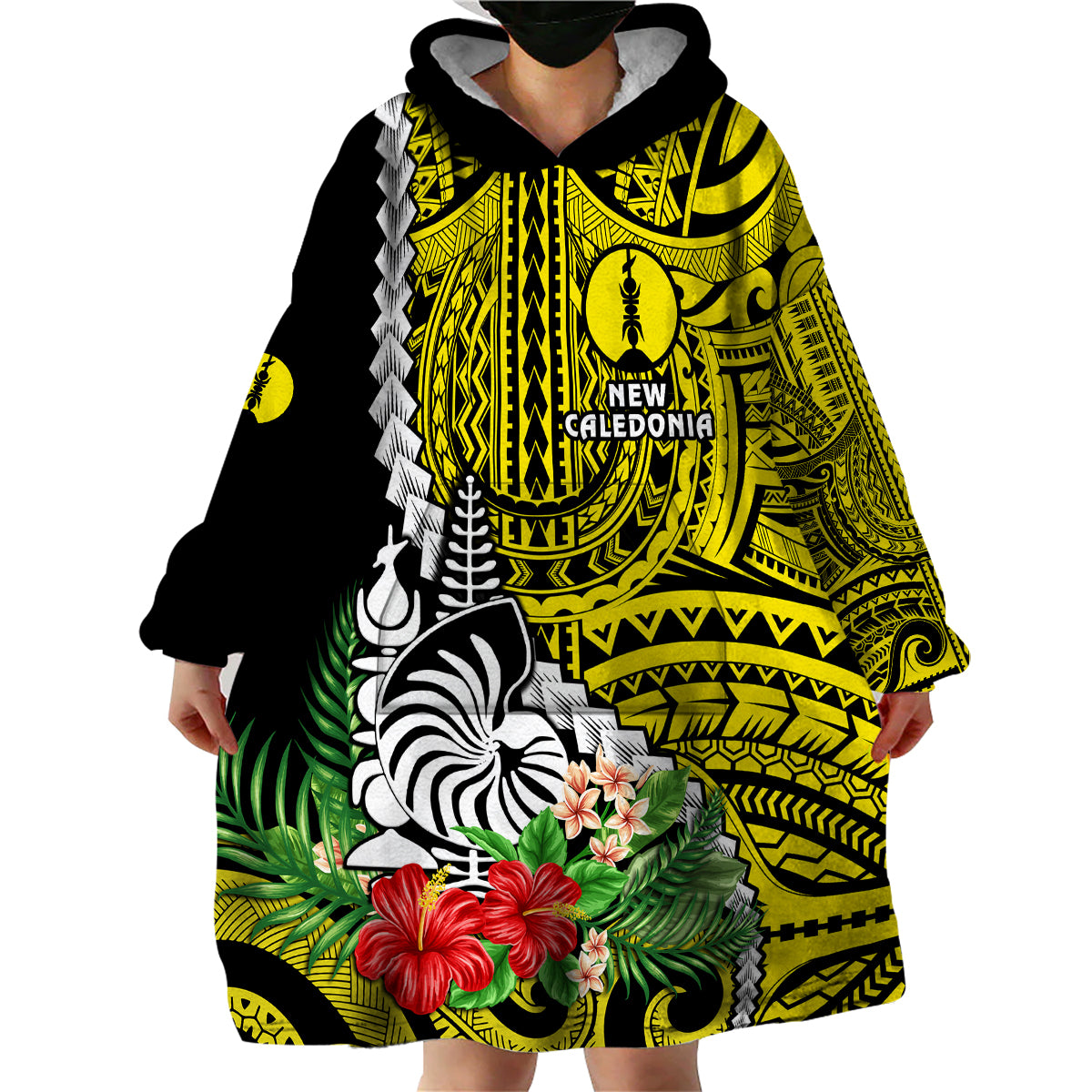 (Custom Personalised) New Caledonia Polynesian Coat Of Arms Mix Tropical Flowers Wearable Blanket Hoodie LT14 - Polynesian Pride