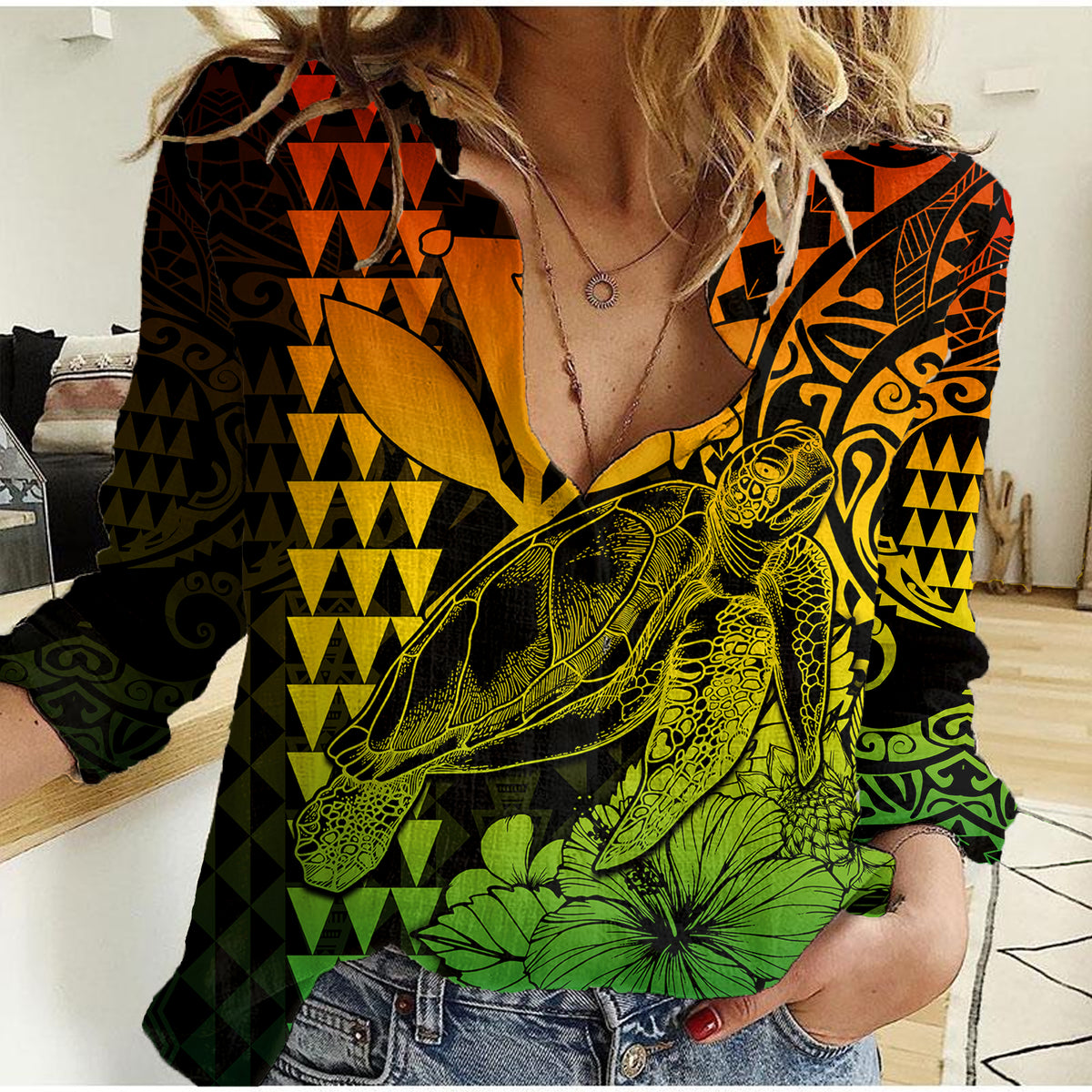 Kakau Polynesian Tribal Hawaiian Turtle with Kanaka Maoli Reggae Women Casual Shirt LT9 Female Reggae - Polynesian Pride