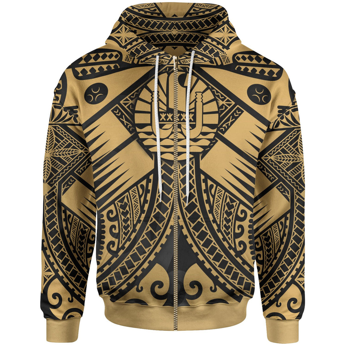 Tahiti Zip up Hoodie Gold Seal with Polynesian Tattoo Unisex Gold - Polynesian Pride