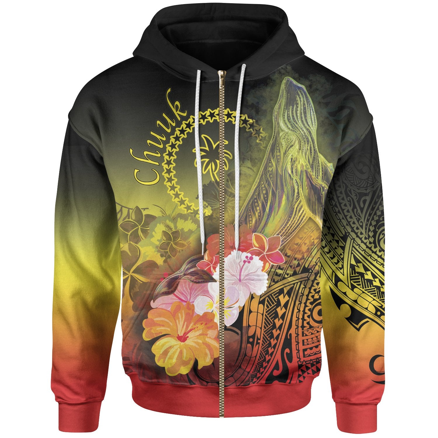 Chuuk Zip up Hoodie Humpback Whale with Tropical Flowers (Yellow) Unisex Yellow - Polynesian Pride