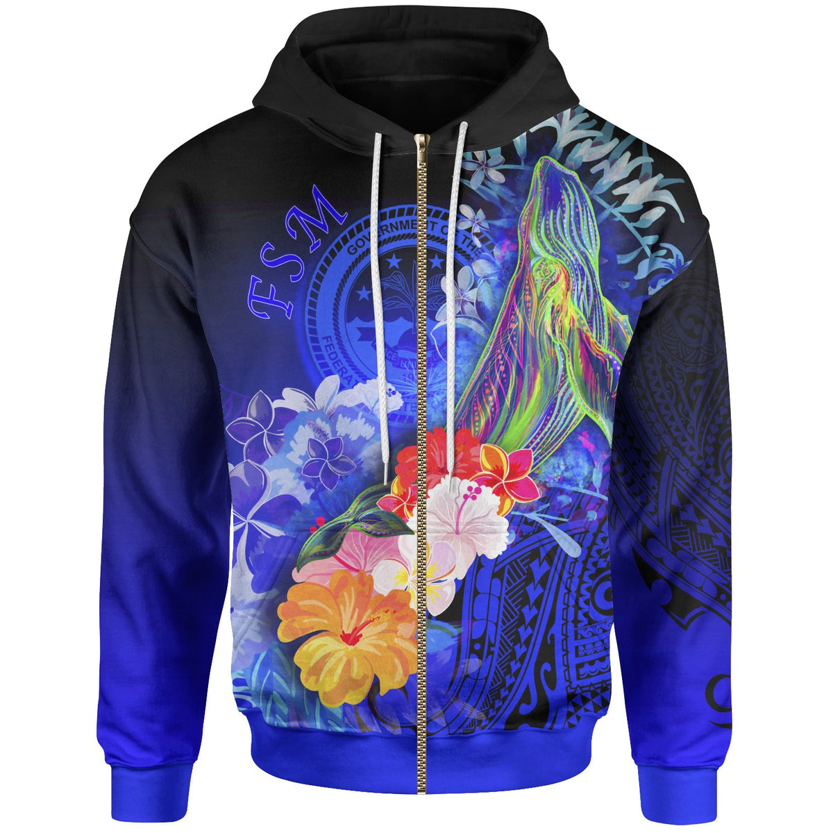Fsm Zip up Hoodie Humpback Whale with Tropical Flowers (Blue) Unisex Blue - Polynesian Pride