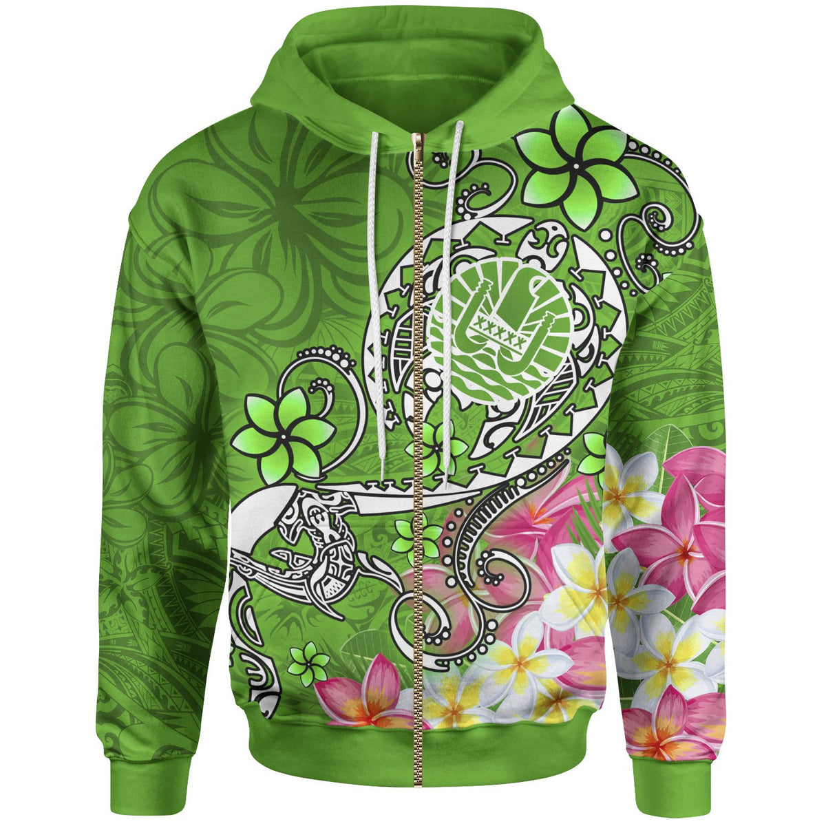 Tahiti Zip up Hoodie Turtle Plumeria (Green) Unisex Green - Polynesian Pride