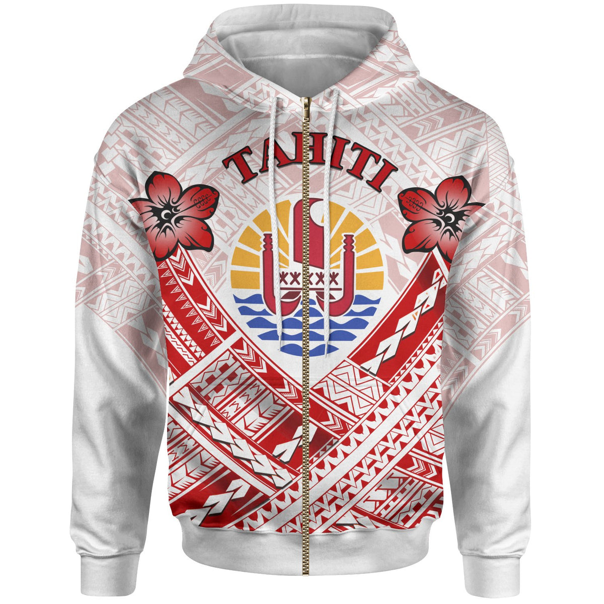 Tahiti Polynesian Zip up Hoodie Tahiti Flag Camisole Hibiscus Style Unisex Gold - Polynesian Pride